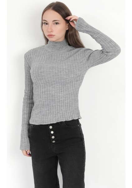 Kadın Gri Balıkçı Yaka Fitilli Triko Body - 4054-3