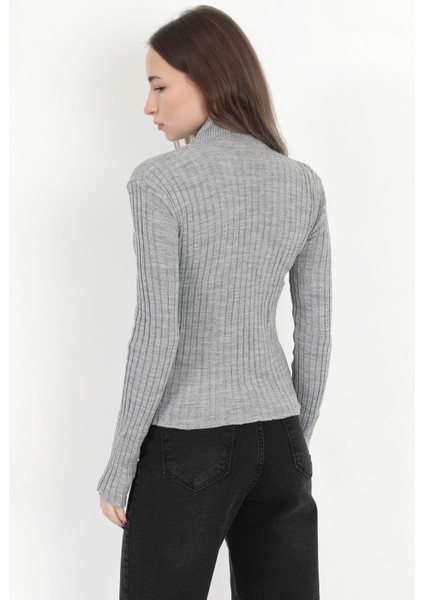 Kadın Gri Balıkçı Yaka Fitilli Triko Body - 4054-3