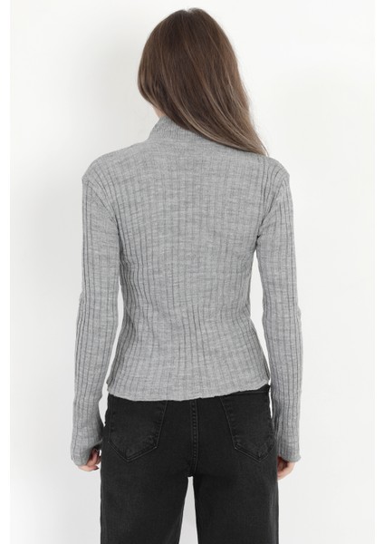 Kadın Gri Balıkçı Yaka Fitilli Triko Body - 4054-3
