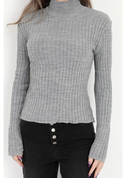 Kadın Gri Balıkçı Yaka Fitilli Triko Body - 4054-3