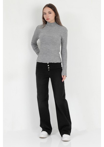 Kadın Gri Balıkçı Yaka Fitilli Triko Body - 4054-3