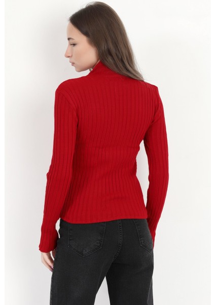 Kadın Kırmızı Balıkçı Yaka Fitilli Triko Body - 4054-3 modelleri