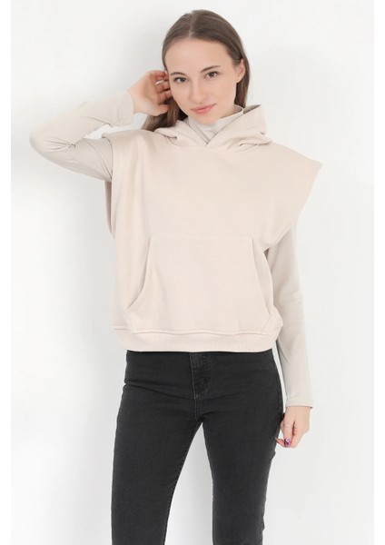 Kadın Bej Kolsuz Kapüşonlu Kanguru Cepli Oversize 3 İp Sweatshirt Hoodie - 2522