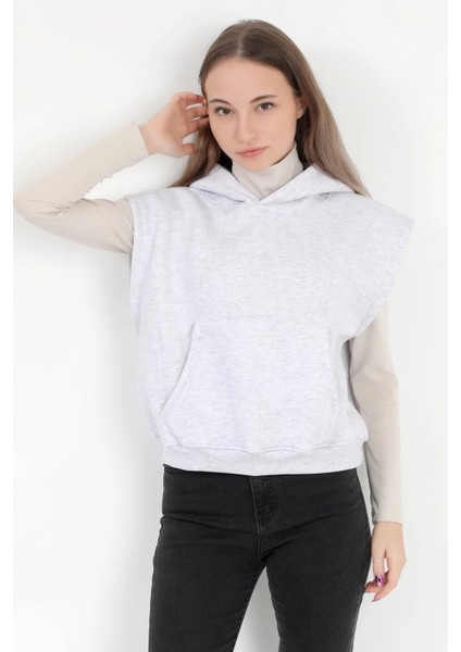 Kadın Karmelanj Kolsuz Kapüşonlu Kanguru Cepli Oversize 3 İp Sweatshirt Hoodie - 2522