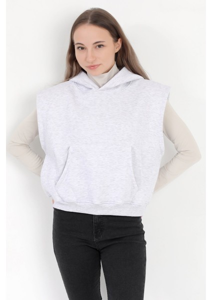 Kadın Karmelanj Kolsuz Kapüşonlu Kanguru Cepli Oversize 3 İp Sweatshirt Hoodie - 2522