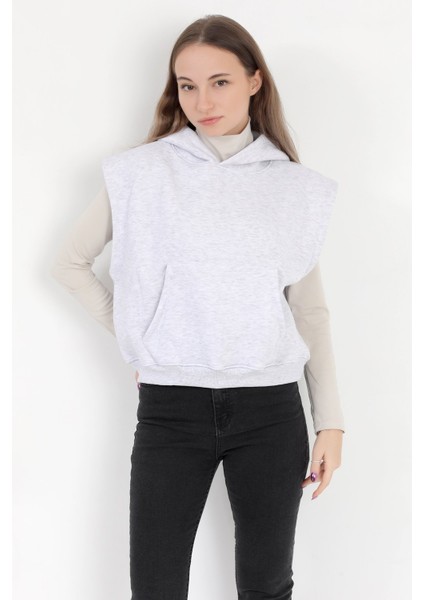 Kadın Karmelanj Kolsuz Kapüşonlu Kanguru Cepli Oversize 3 İp Sweatshirt Hoodie - 2522