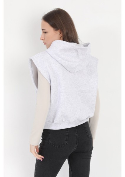 Kadın Karmelanj Kolsuz Kapüşonlu Kanguru Cepli Oversize 3 İp Sweatshirt Hoodie - 2522