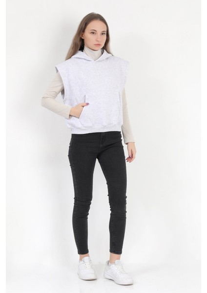 Kadın Karmelanj Kolsuz Kapüşonlu Kanguru Cepli Oversize 3 İp Sweatshirt Hoodie - 2522