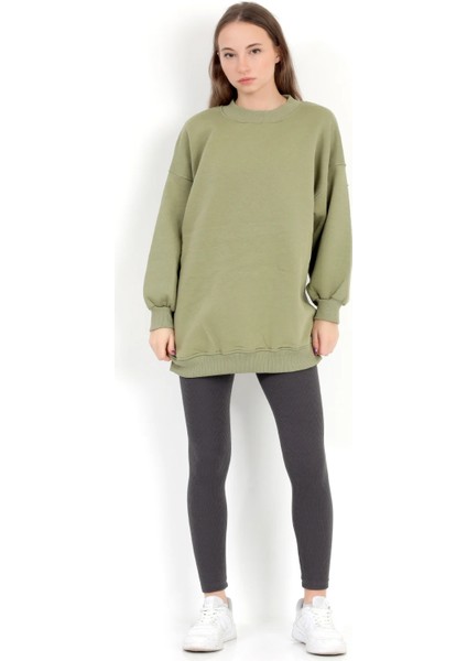 Kadın Yeşil Üç İplik Pamuklu Ribanalı Bisiklet Yaka Oversize Sweatshirt - 2523