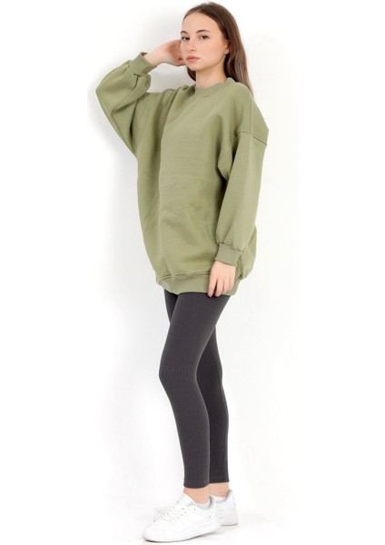 Kadın Yeşil Üç İplik Pamuklu Ribanalı Bisiklet Yaka Oversize Sweatshirt - 2523