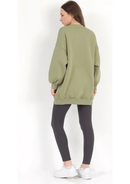 Kadın Yeşil Üç İplik Pamuklu Ribanalı Bisiklet Yaka Oversize Sweatshirt - 2523