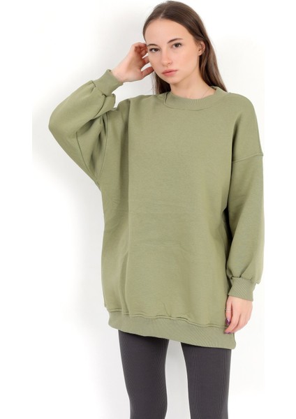 Kadın Yeşil Üç İplik Pamuklu Ribanalı Bisiklet Yaka Oversize Sweatshirt - 2523