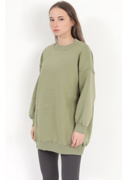 Kadın Yeşil Üç İplik Pamuklu Ribanalı Bisiklet Yaka Oversize Sweatshirt - 2523