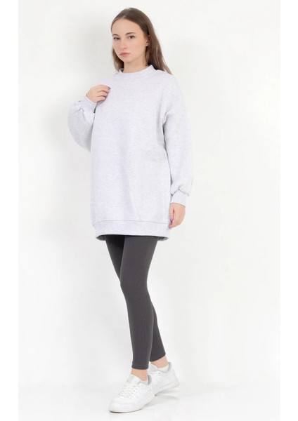 Kadın Karmelanj Üç İplik Pamuklu Ribanalı Bisiklet Yaka Oversize Sweatshirt - 2523