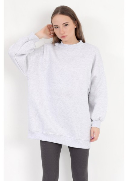 Kadın Karmelanj Üç İplik Pamuklu Ribanalı Bisiklet Yaka Oversize Sweatshirt - 2523