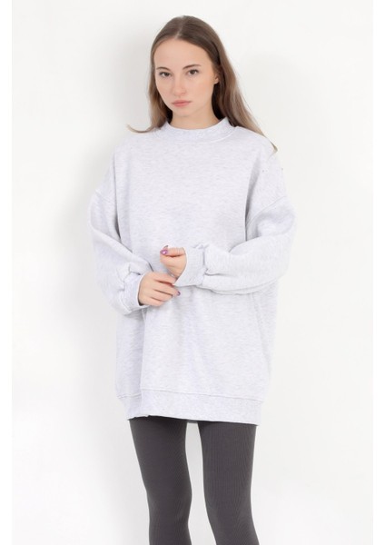 Kadın Karmelanj Üç İplik Pamuklu Ribanalı Bisiklet Yaka Oversize Sweatshirt - 2523