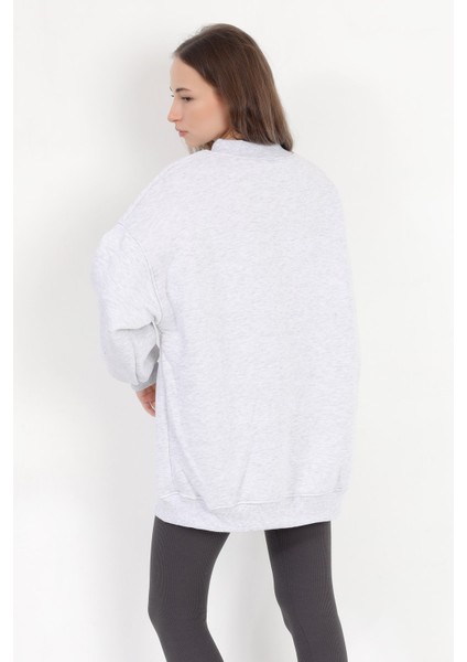 Kadın Karmelanj Üç İplik Pamuklu Ribanalı Bisiklet Yaka Oversize Sweatshirt - 2523