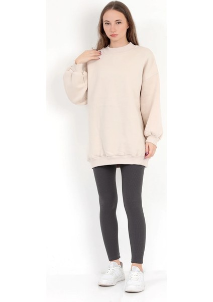 Kadın Bej Üç İplik Pamuklu Ribanalı Bisiklet Yaka Oversize Sweatshirt - 2523