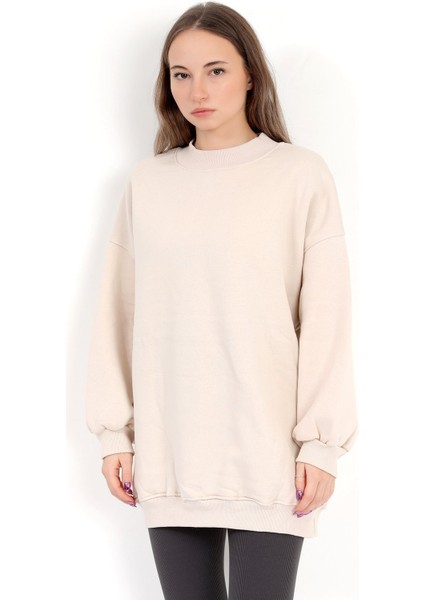 Kadın Bej Üç İplik Pamuklu Ribanalı Bisiklet Yaka Oversize Sweatshirt - 2523