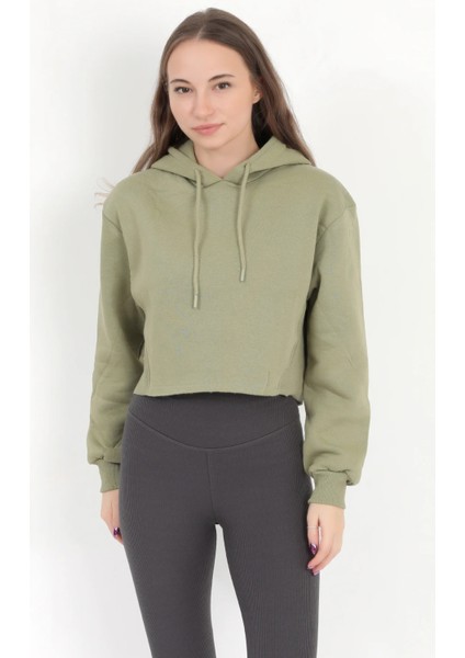 Kadın Yeşil Kapüşonlu Ribana Detaylı Üç İp Oversize Crop Sweatshirt Hoodie - 2543