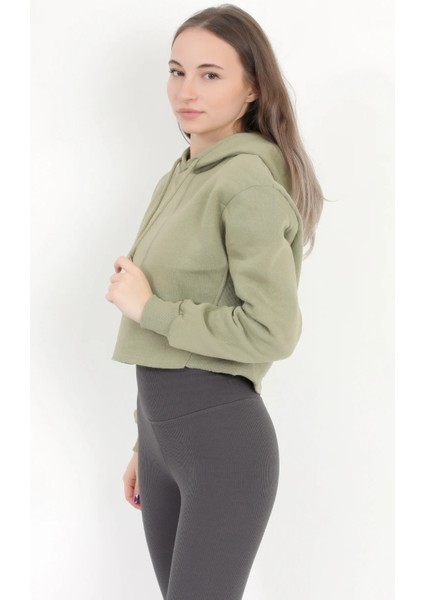 Kadın Yeşil Kapüşonlu Ribana Detaylı Üç İp Oversize Crop Sweatshirt Hoodie - 2543