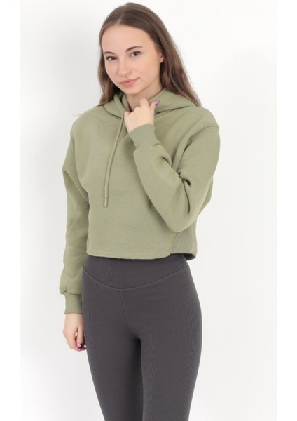 Kadın Yeşil Kapüşonlu Ribana Detaylı Üç İp Oversize Crop Sweatshirt Hoodie - 2543