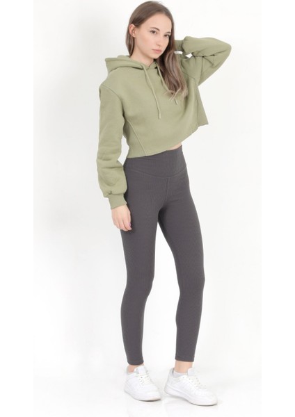 Kadın Yeşil Kapüşonlu Ribana Detaylı Üç İp Oversize Crop Sweatshirt Hoodie - 2543