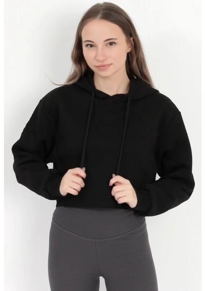 Kadın Siyah Kapüşonlu Ribana Detaylı Üç İp Oversize Crop Sweatshirt Hoodie - 2543