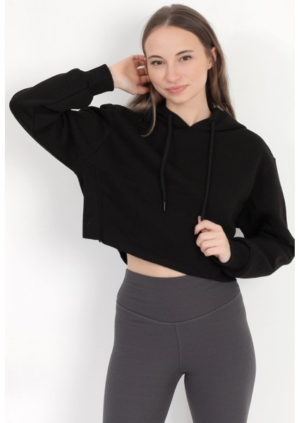 Kadın Siyah Kapüşonlu Ribana Detaylı Üç İp Oversize Crop Sweatshirt Hoodie - 2543