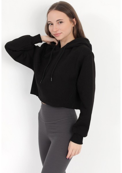 Kadın Siyah Kapüşonlu Ribana Detaylı Üç İp Oversize Crop Sweatshirt Hoodie - 2543