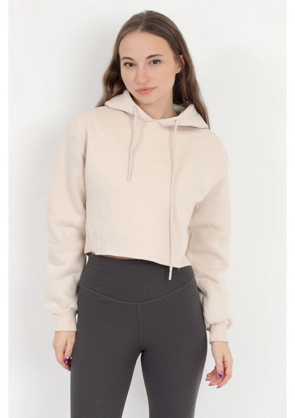 Kadın Bej Kapüşonlu Ribana Detaylı Üç İp Oversize Crop Sweatshirt Hoodie - 2543
