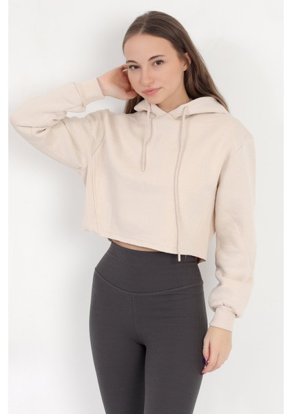 Kadın Bej Kapüşonlu Ribana Detaylı Üç İp Oversize Crop Sweatshirt Hoodie - 2543