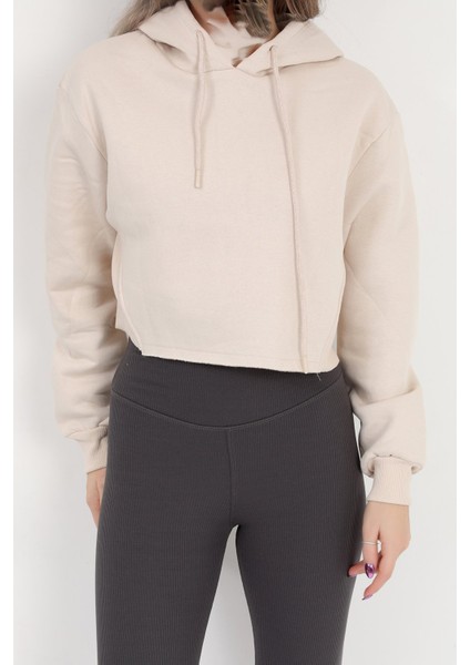Kadın Bej Kapüşonlu Ribana Detaylı Üç İp Oversize Crop Sweatshirt Hoodie - 2543
