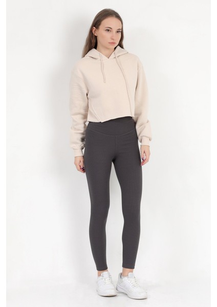 Kadın Bej Kapüşonlu Ribana Detaylı Üç İp Oversize Crop Sweatshirt Hoodie - 2543