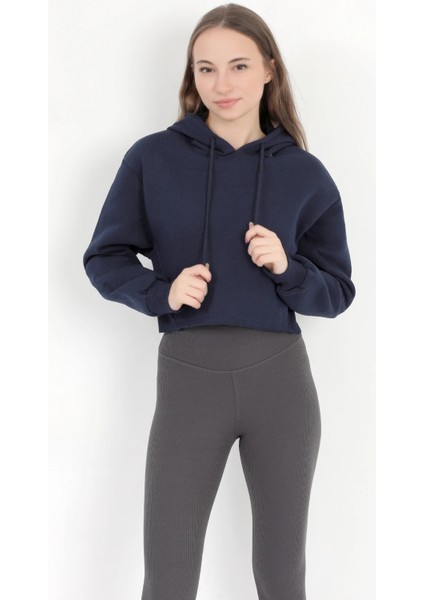 Kadın Lacivert Kapüşonlu Ribana Detaylı Üç İp Oversize Crop Sweatshirt Hoodie - 2543