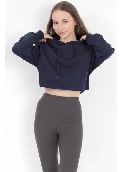 Kadın Lacivert Kapüşonlu Ribana Detaylı Üç İp Oversize Crop Sweatshirt Hoodie - 2543