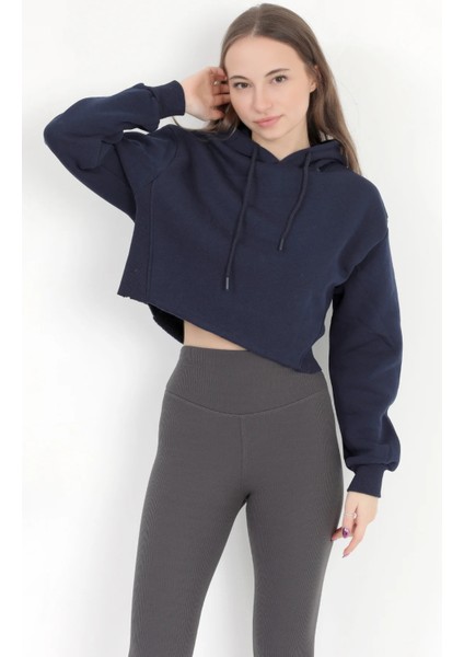 Kadın Lacivert Kapüşonlu Ribana Detaylı Üç İp Oversize Crop Sweatshirt Hoodie - 2543