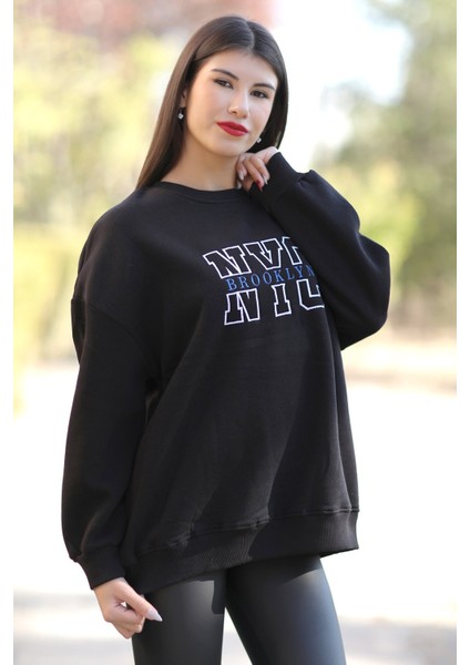 Kadın Oversize Sweatshirt Siyah NYC Brooklyn Nakışlı Bisiklet Yaka Ribanalı - 9004