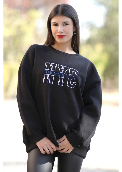 Kadın Oversize Sweatshirt Siyah NYC Brooklyn Nakışlı Bisiklet Yaka Ribanalı - 9004