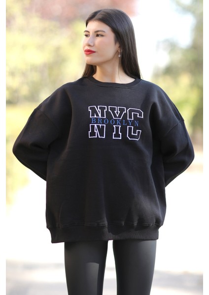 Kadın Oversize Sweatshirt Siyah NYC Brooklyn Nakışlı Bisiklet Yaka Ribanalı - 9004