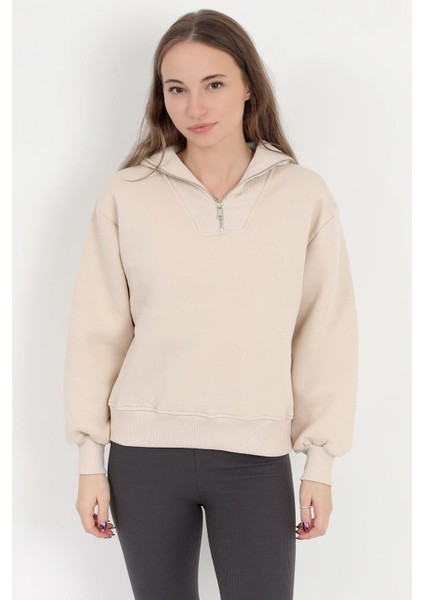 Kadın Bej Pamuklu Yarım Fermuarlı 3 İp Şardonlu Sweatshirt - 2512