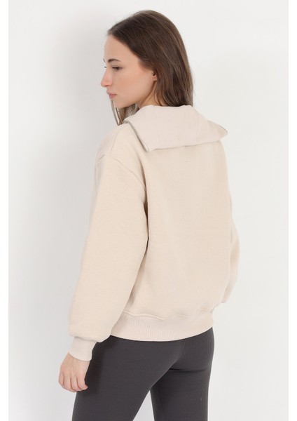 Kadın Bej Pamuklu Yarım Fermuarlı 3 İp Şardonlu Sweatshirt - 2512 modelleri