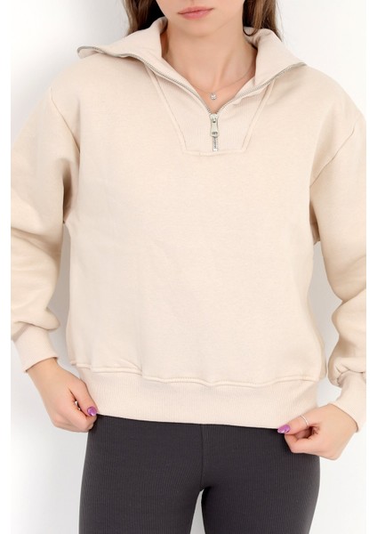 Kadın Bej Pamuklu Yarım Fermuarlı 3 İp Şardonlu Sweatshirt - 2512 fırsatları