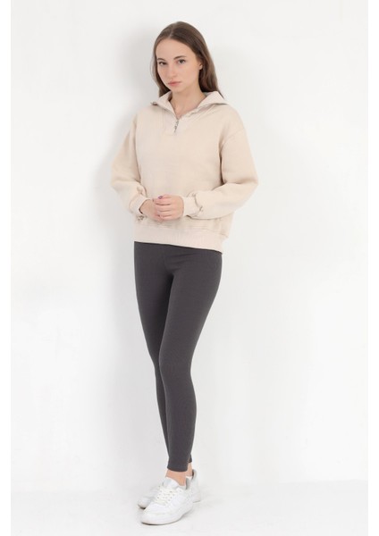 Kadın Bej Pamuklu Yarım Fermuarlı 3 İp Şardonlu Sweatshirt - 2512 indirimleri