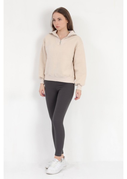 Kadın Bej Pamuklu Yarım Fermuarlı 3 İp Şardonlu Sweatshirt - 2512