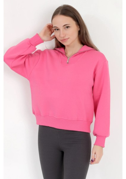 Kadın Pembe Pamuklu Yarım Fermuarlı 3 İp Şardonlu Sweatshirt - 2512