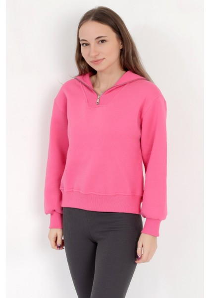 Kadın Pembe Pamuklu Yarım Fermuarlı 3 İp Şardonlu Sweatshirt - 2512