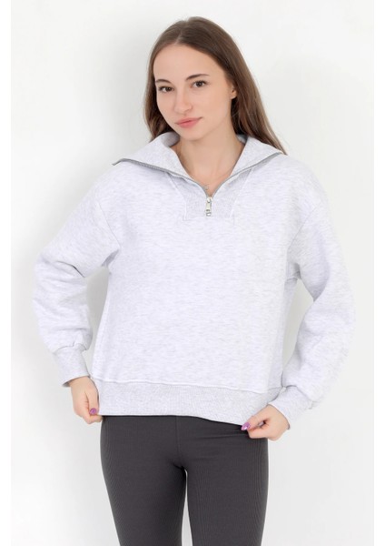 Kadın Karmelanj Pamuklu Yarım Fermuarlı 3 İp Şardonlu Sweatshirt - 2512