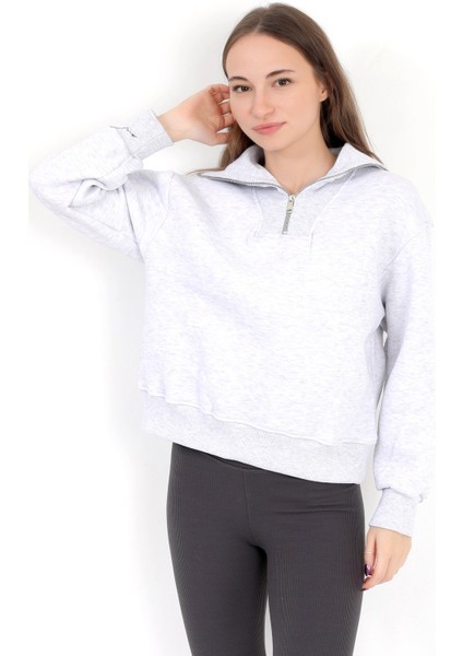 Kadın Karmelanj Pamuklu Yarım Fermuarlı 3 İp Şardonlu Sweatshirt - 2512 modelleri