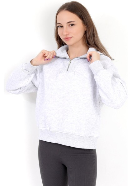 Kadın Karmelanj Pamuklu Yarım Fermuarlı 3 İp Şardonlu Sweatshirt - 2512 indirimleri